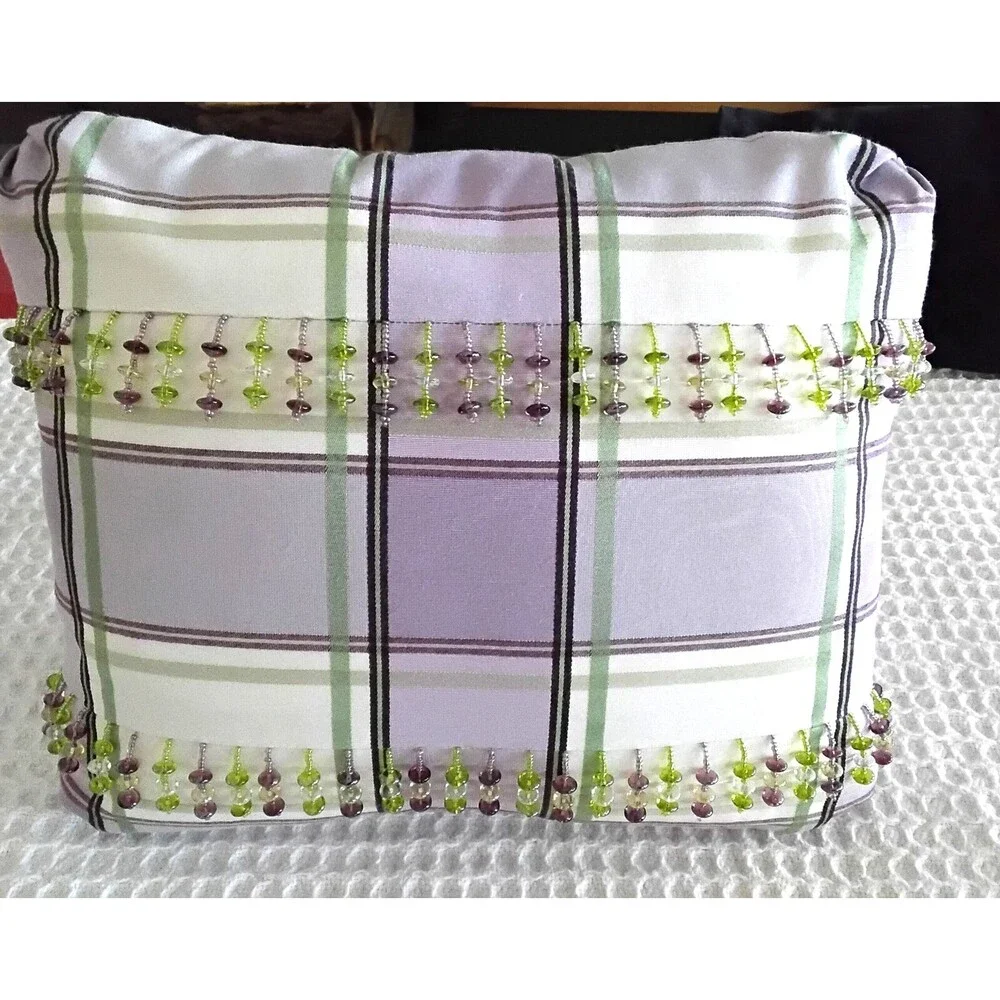Lilac & Green Beaded Decrative Pillow with White Stripes Unique Excellent